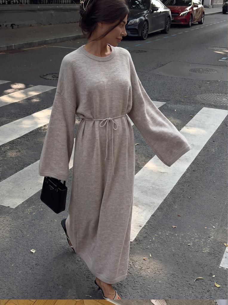 2026 New Round Neck Tie Knit Dress for Women Loose Long Sleeve Sweater Dress Elegant High-End Style
