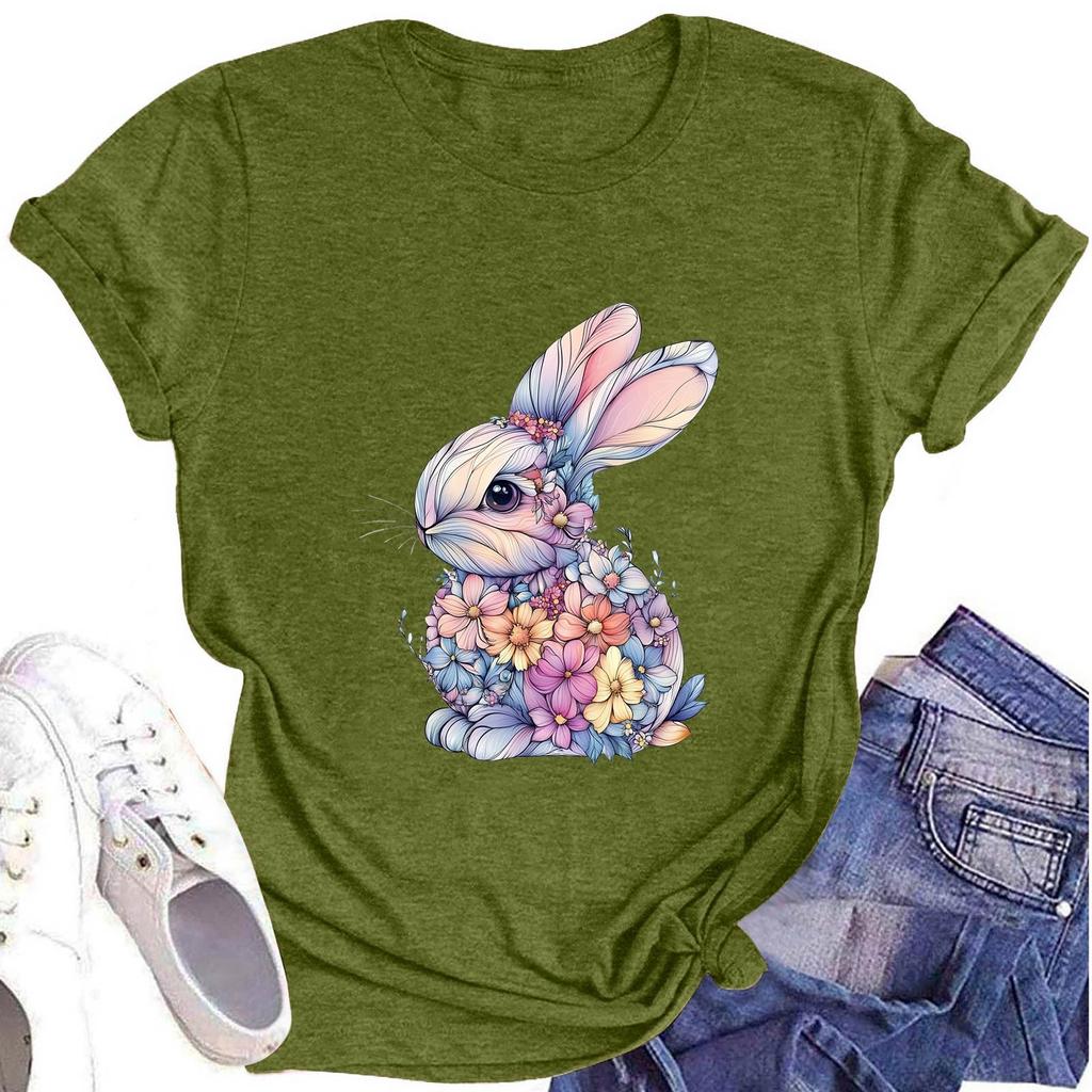 Women's Fashion Round Neck Short Sleeve T-Shirt Easter Printed Casual Top