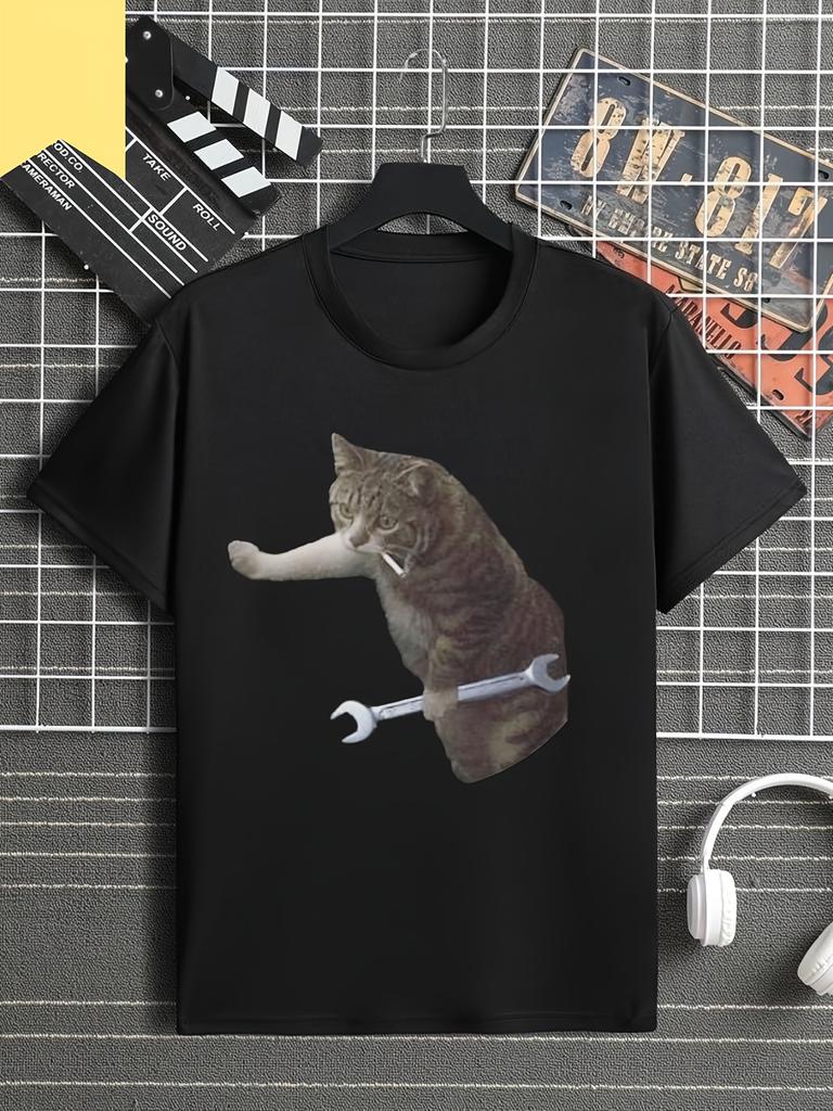 Fun Mechanical Cat Short Sleeved Round Neck Y2k Tshirt Men Clothing New in Top Tees Mens TShirt Camisetas Ropa Hombre