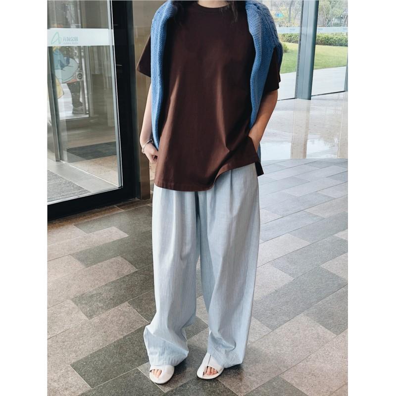 Johnature Korean Lazy Relaxed Striped Women Pants Spring Summer Casual Elastic Waist Loose Wide-leg Trousers