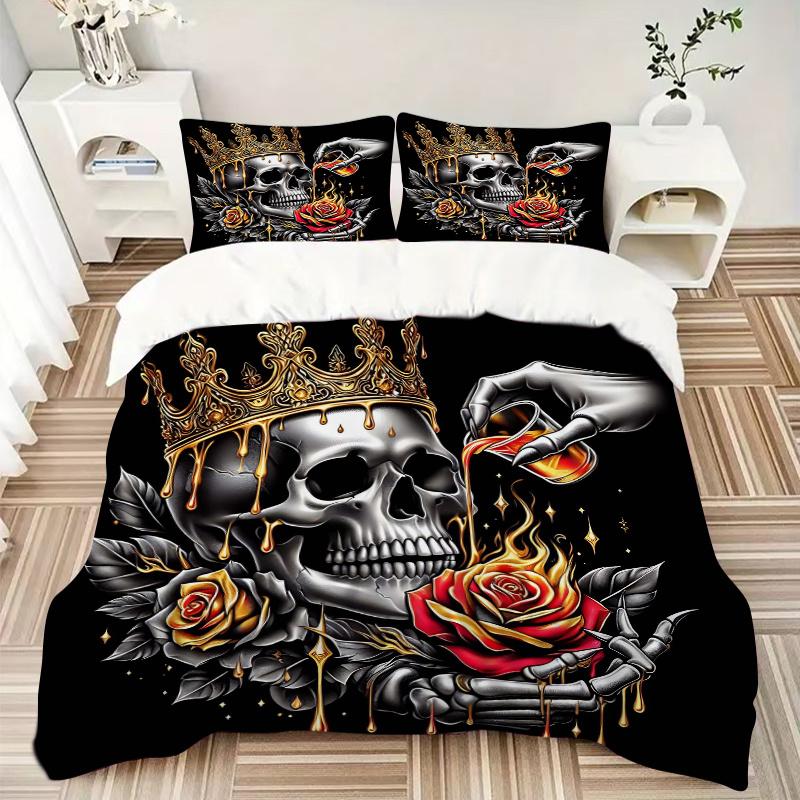 3pcs Golden Crowned Skull with Roses Quilt Cover Set - Soft and Cozy Bedroom, Guest Room and Dorm Decorative Bedding