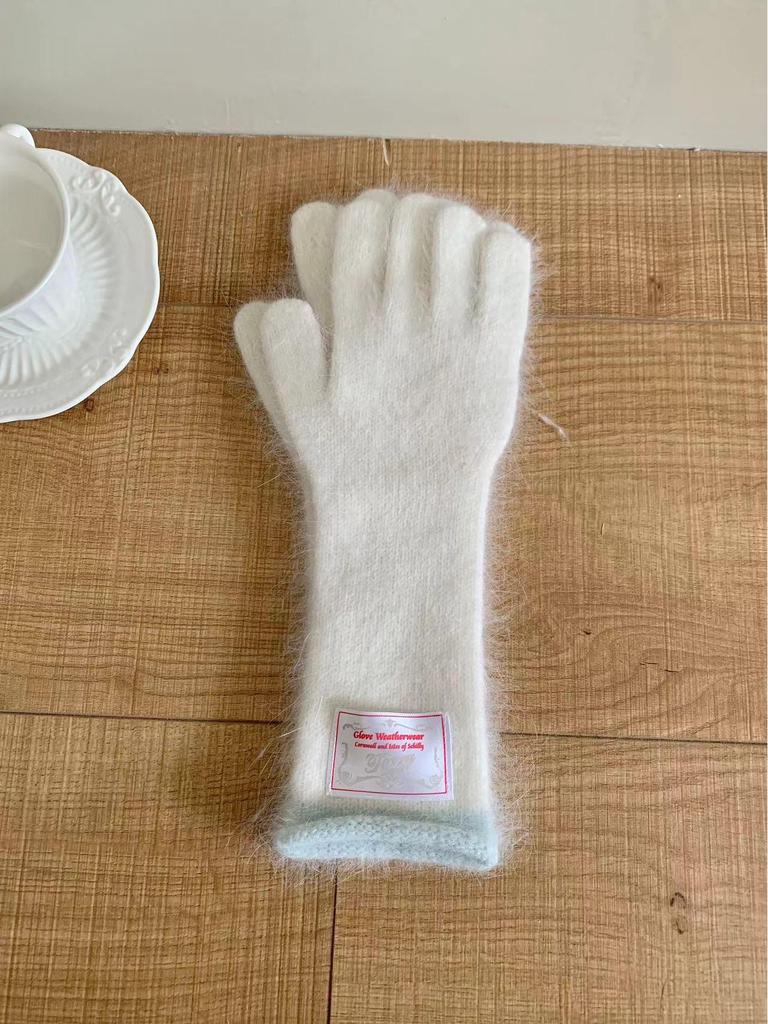 Women's Korean Style Colorblock Wool Long Gloves - Warm, Windproof, Five-Finger Design for Winter Cycling
