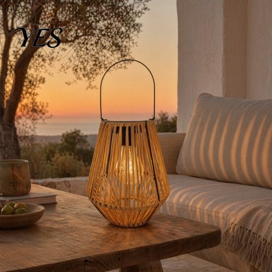 Solar Table Lamp Outdoor Rattan Woven Lantern, Faux Light, Rustic Waterproof Night Light Powered Hanging Lantern for Garden Balcony Patio Porch Decor