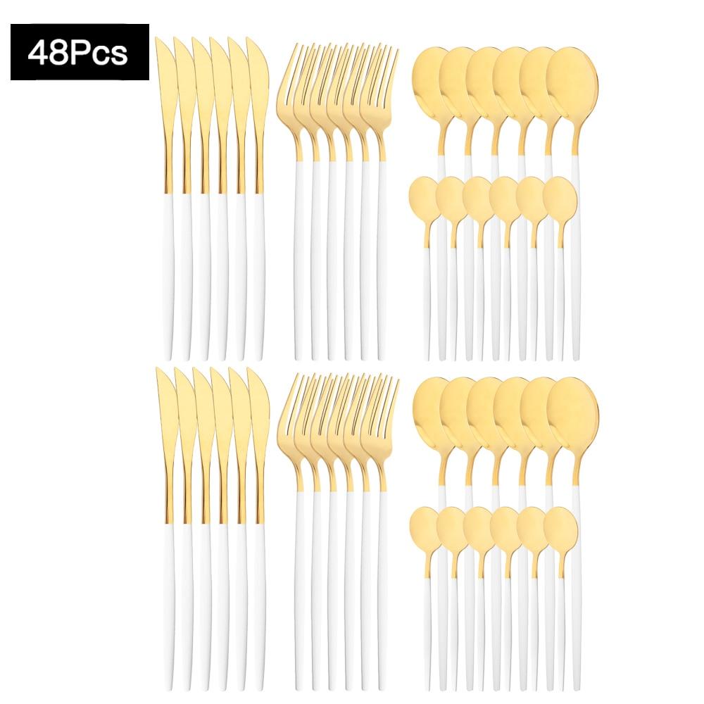 48Pcs Gold Mirror Polishing Cutlery Set Stainless Steel Dinnerware Tableware Knife Fork Spoon Coffee Spoon Flatware Home Party
