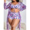 Plus Size Boho Bikini Set, Women's Plus Abstract Print Lace Up Front Bra & Shorts & Open Front Cover Up Swimsuit Three Piece Set