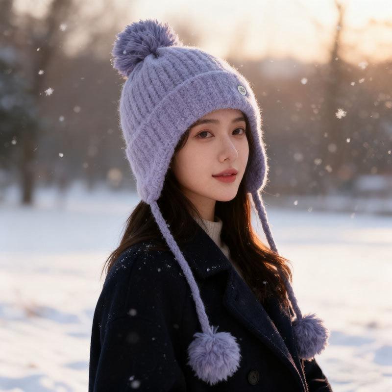 Women S Pom Pom Solid Color Knit Hat Winter Warm Outdoor Ski Hat
