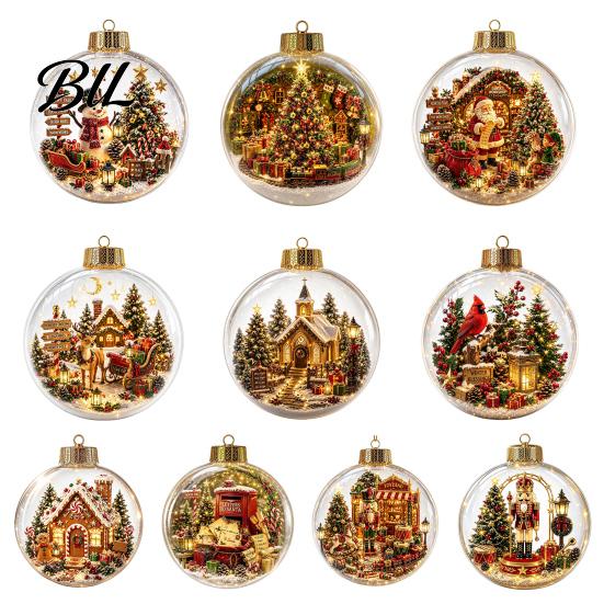 Winter Holiday Hanging Pendants Christmas Tree Crystal Ball Pendant with LED Light, Built-in Christmas-themed Ornaments Pattern Design, Acrylic