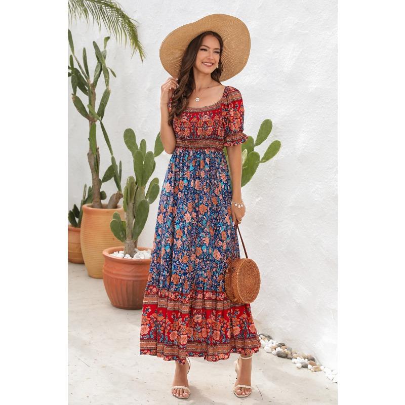 Платья для пляжного отдыха в стиле бохо, платья миди с рукавами-фонариками и одним плечом