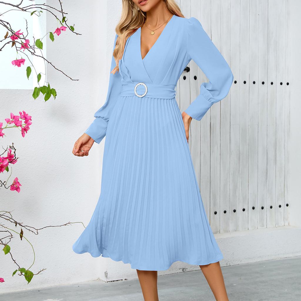 Women's Fashion V-Neck Long Sleeve Solid Colour Slim Dress Loose Casual Dresses