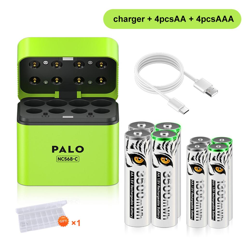 PALO 1,5 В AA 3500 мВтч Аккумулятор AAA 1300 мВтч Литий-ионные аккумуляторы с 8-слотовым быстрым интеллектуальным зарядным устройством