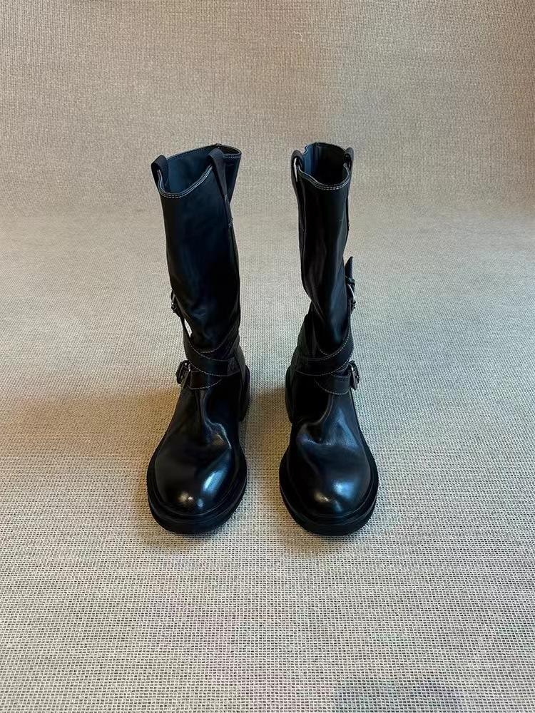 Версия из коровьей кожи~ ретро пряжка на ремне полусапоги ковбойские сапоги в западном стиле облегающие на толстой подошве сапоги для жарки улицы женские рыцарские сапоги