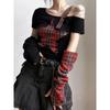 Summer Star Patchwork Crop Tops Plaid T Shirt Women Fashion Off Single Shoulder Y2k Tee OverSleeve Fairy Grunge Shirts