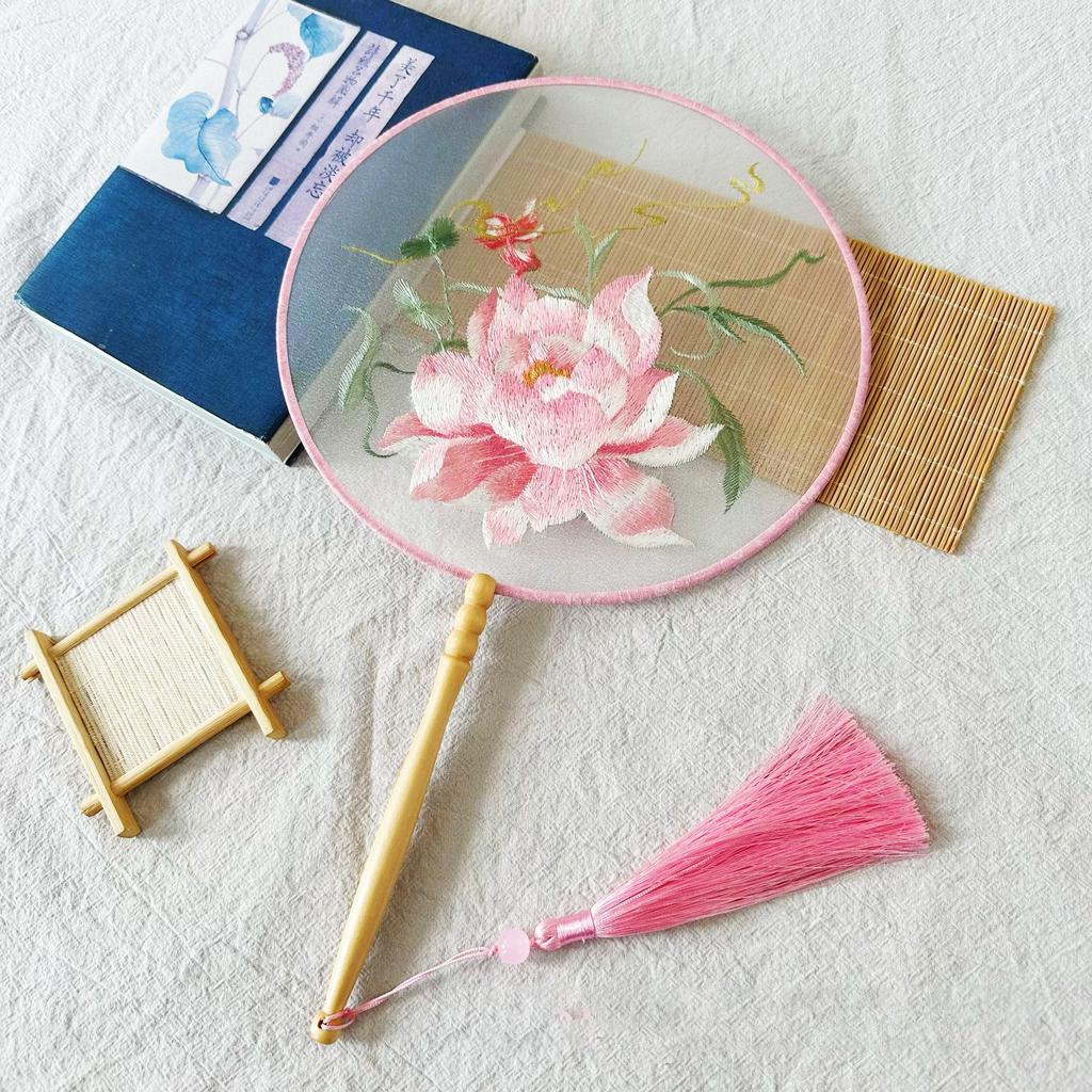 Embroidery Round Fan Classical Long Handle Group Fan Dance Fans Photography Props Home Decor