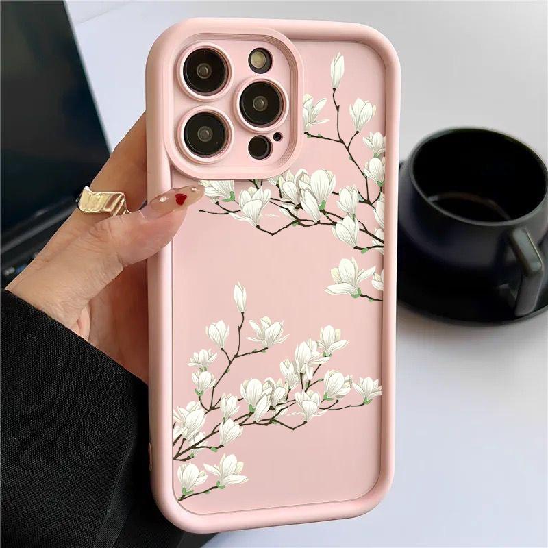 White Magnolia Pattern Phone Case For iPhone 16 15 14 Pro Max 15 16 Plus 12 13 Pro 11 16E Candy Color Shockproof Silicone Cover