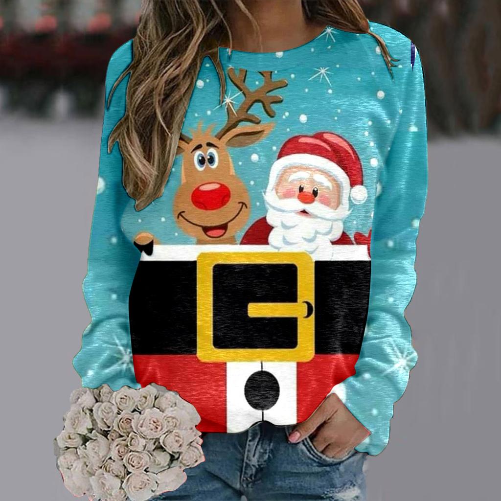 Women's Christmas Sweatshirt Round Neck Pullover Top Urban Leisure Christmas Snowman Kawaii Printed Loose Sweater Christmas Tops