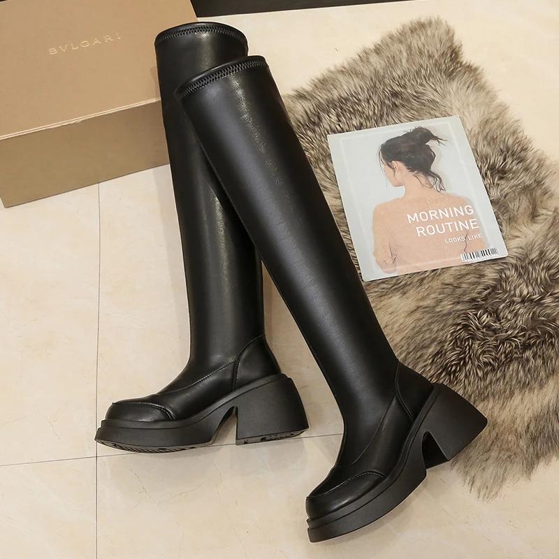 Модные женские сапоги на платформе выше колена Модные туфли с молнией сзади Осень-зима Женские длинные сапоги на толстом каблуке