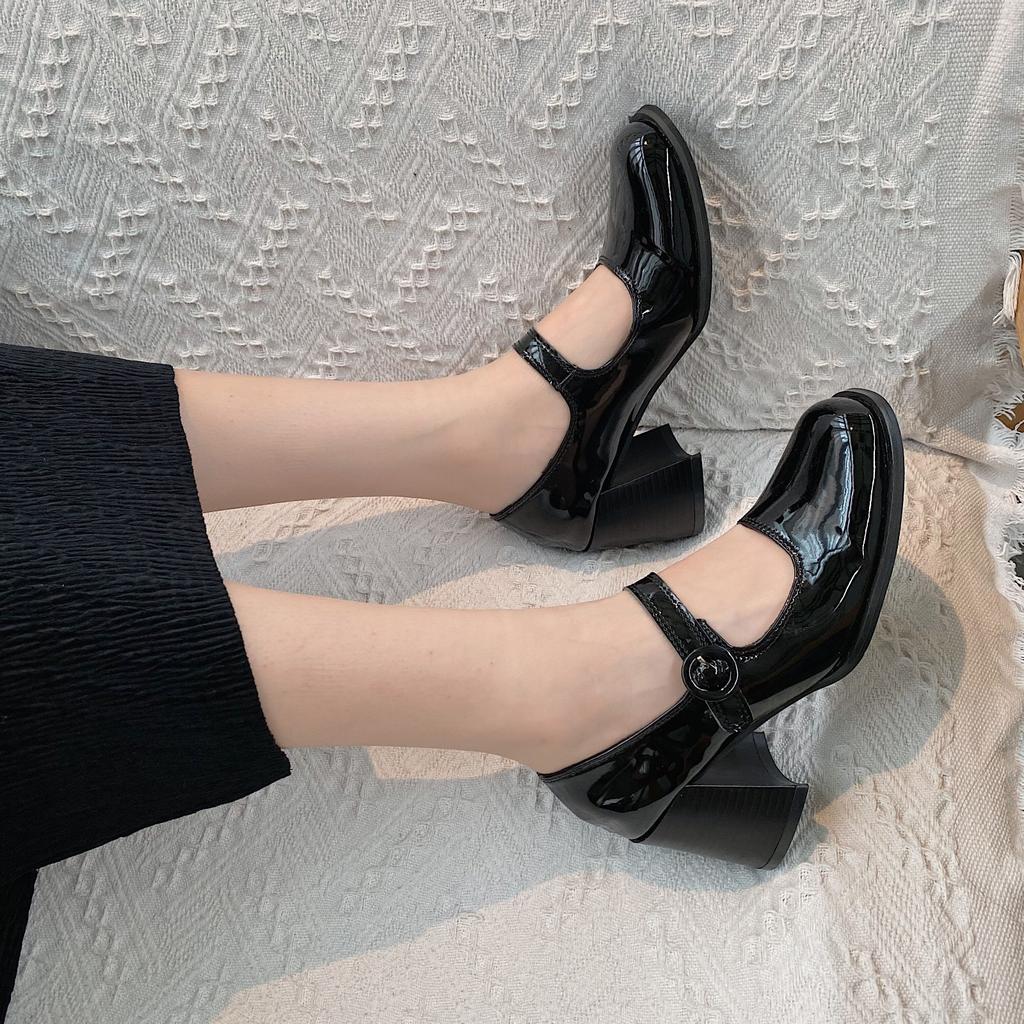 Patent Leather Mary Jane Shoes for Women 2024 Autumn Chunky High Ankle Strap Pumps Woman Thick Bottom Wedding Formal Dress Shoes
