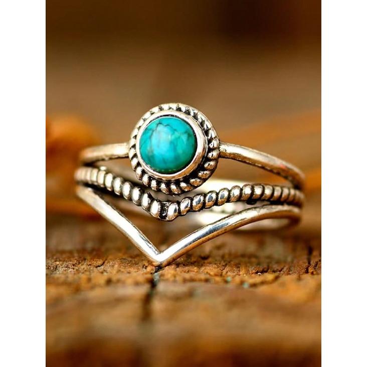 Vintage Turquoise Stackable Ring Set Boho 925 Silver Plated V‑Shape Finger Rings For Women