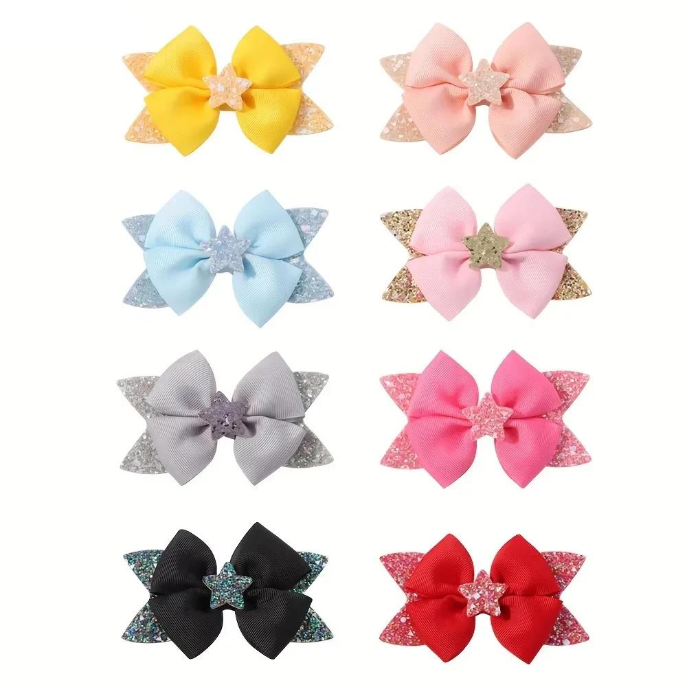LOVEKIKI 2Pcs 4.33inch Star Glitter Bow Hair Clips for Girls Boutique Ribbon Dovetail Barrette Headwear Child Hair Accessories