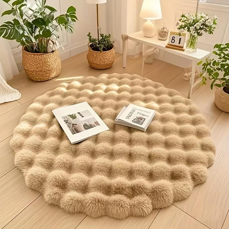 Fluffy Bubble Fleece Rug, Round Soft Carpet 90x90cm, Easy Clean Home Decor Mat for Bedroom Living Room, 4 Colors
