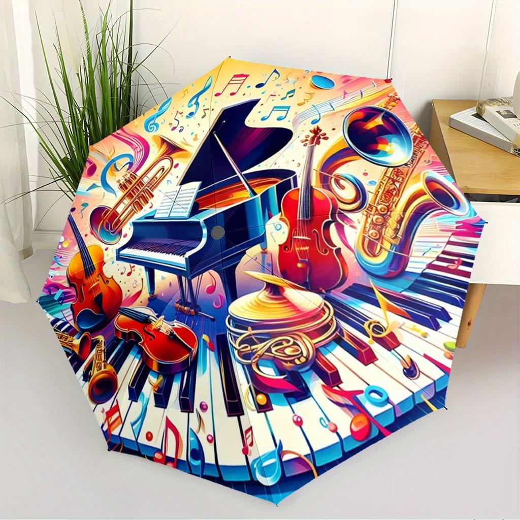 Automatic Folding Umbrella Musical instruments and notes. Portable collapsible design, casual outdoor accessory, for all seaso