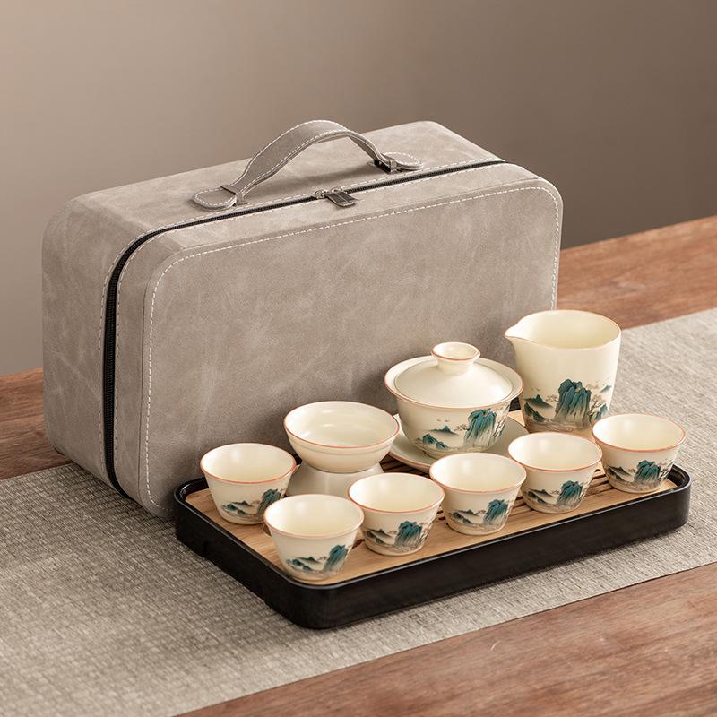 High-end Huang Ru Kiln Travel Kung Fu Tea Set Household Portable Cover Bowl Teacup Teapot Light Luxury Business Gifts