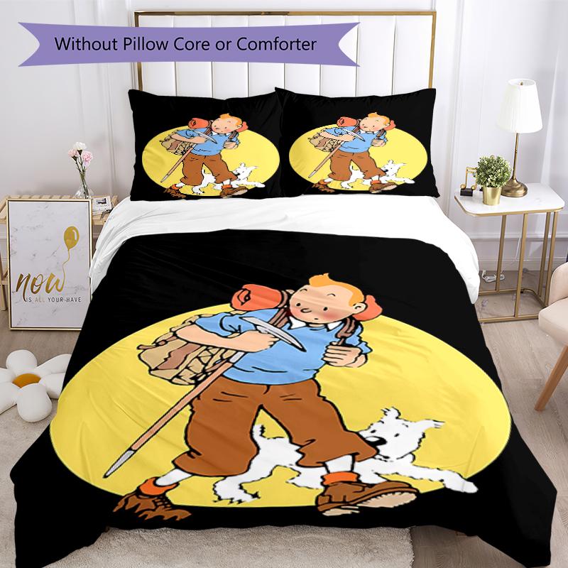 3pcs The Adventures of Tintin pattern bedding set duvet cover set includes duvet cover &pillowcases, perfect all season bedroom decoration & gift