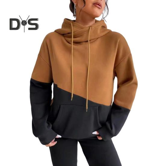 Женская толстовка с капюшоном на осень-зиму с цветными блоками, завязками на шнурке, длинными рукавами, эластичными манжетами и подолом, большим карманом, плотный спортивный топ для фитнеса