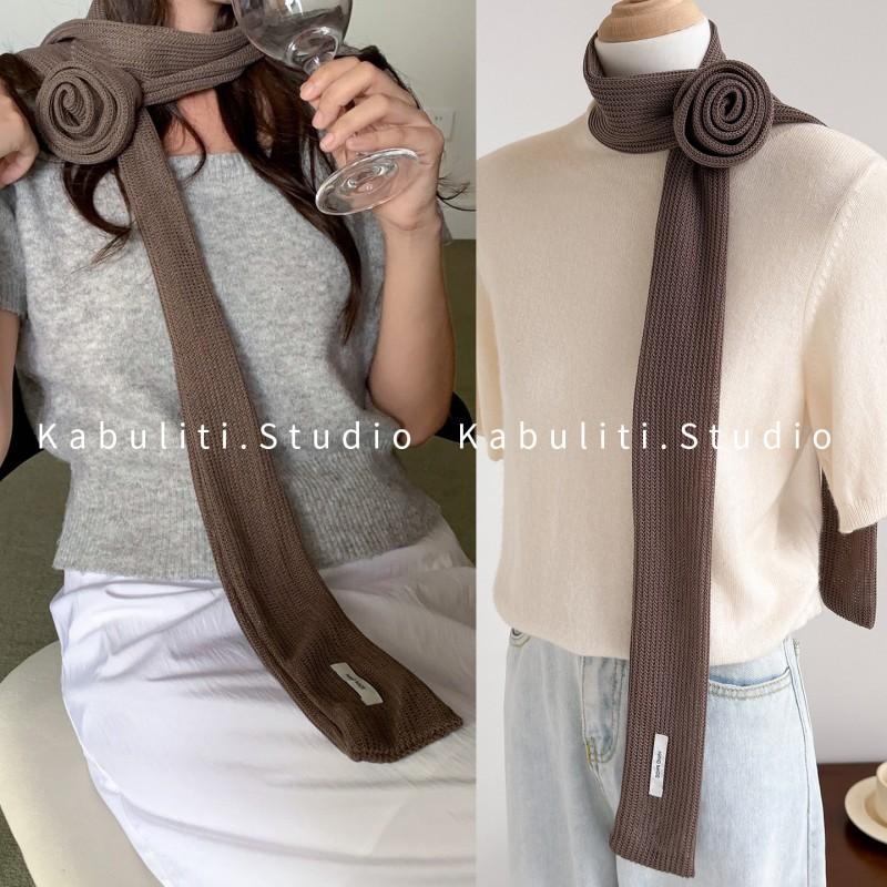 Womens Lightweight Knitted Scarf With Floral Trim Solid Color Long Narrow Neck Wrap Office Casual Wear