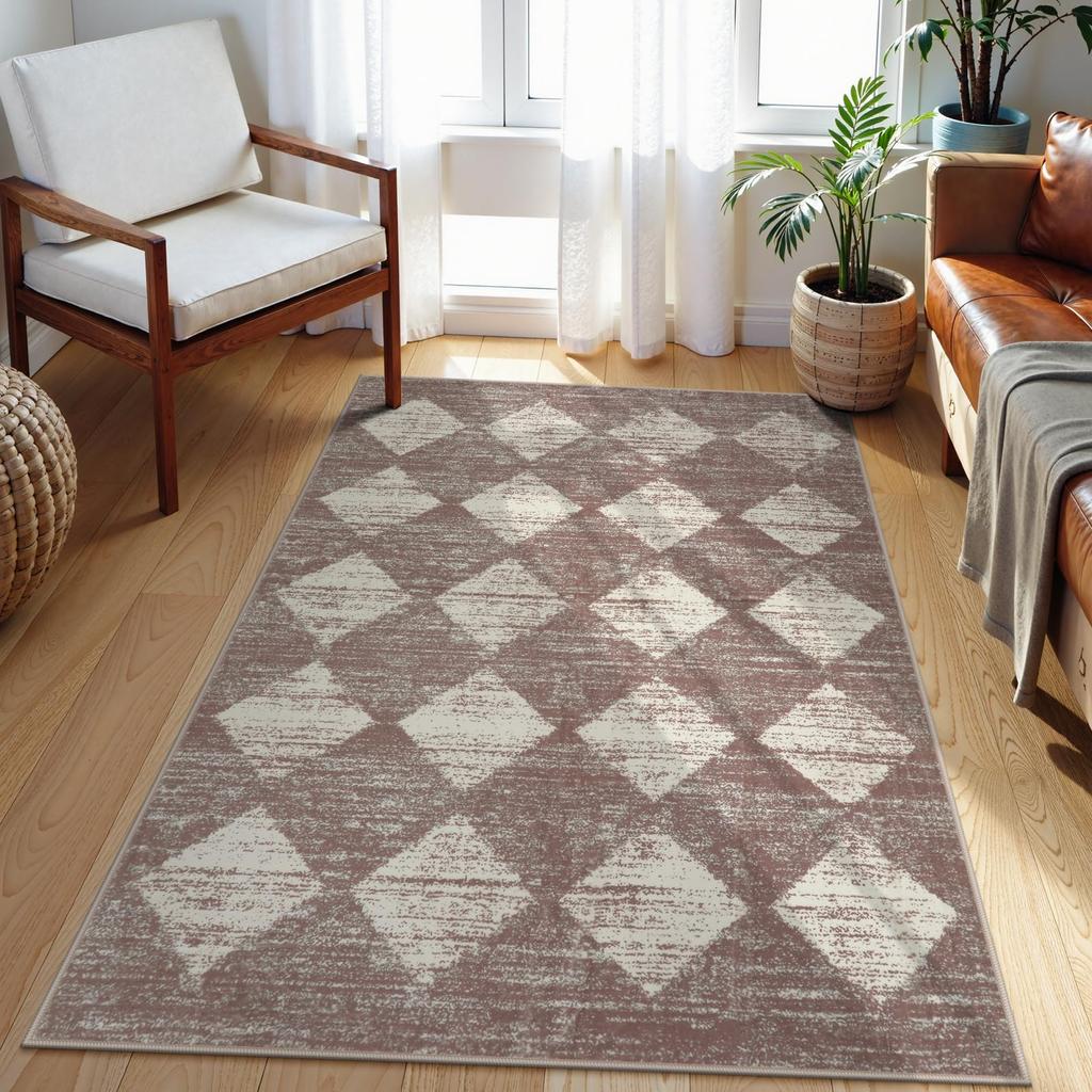 Classic Diamond Runner Rug Dark Brown Beige Checkered Pattern Carpet Non Slip Floor Mat For Living Room Bedroom Entryway Home