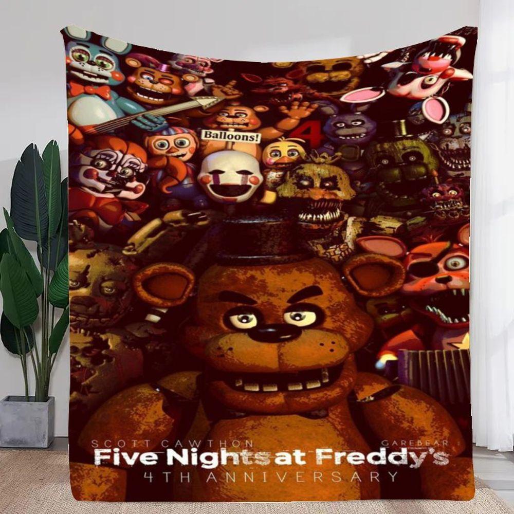 Плед к 4-й годовщине Five Nights at Freddy's - Уютный флисовый плед с изображением культовых аниматроников, включая Фредди Фазбеара, Клоу