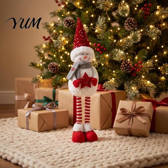 Festive Party Supplies Christmas Plush Snowman with Extendable Legs, Sequins Hat Holding Star Decor Doll, Standing Long Legs Xmas Decoration