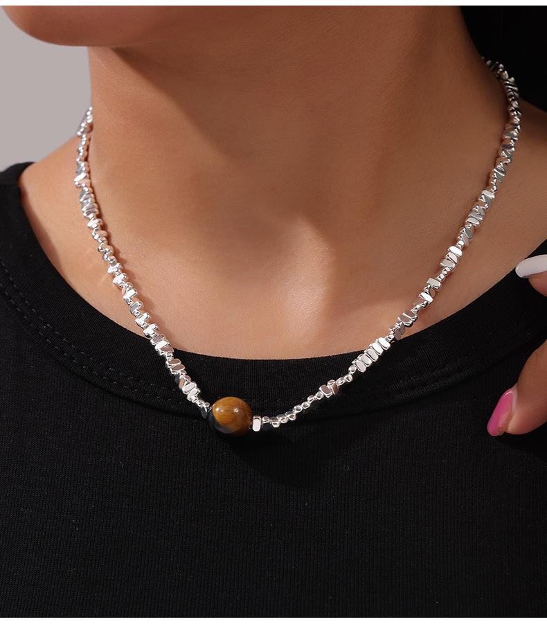 Минималистичное корейское ожерелье-подвеска «Тигровый глаз» с посеребрением и дизайном из титановой стали