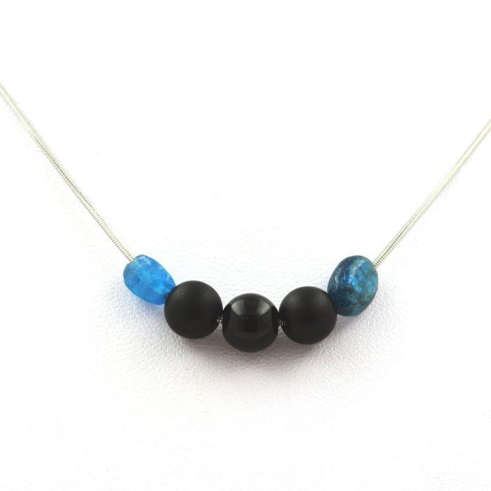 Stones and Minerals. 8mm Matte Black Onyx + Black Agate + Blue Apatite Bead Necklace On Stainless Steel Chain.