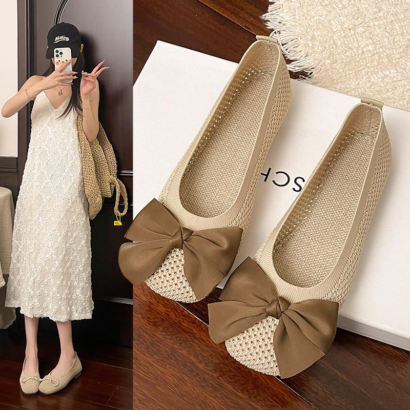 Милые Сладкие Балетки для Женщин Летние Повседневные Обувь без Шнурков с Круглым Носком для Женщин Однотонная Эластичная Ткань Бантик Повседневная Обувь