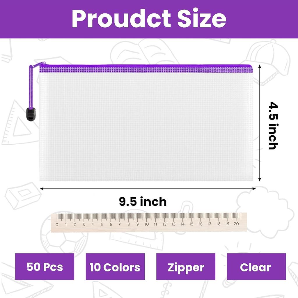 50 Pack Pencil Case Pouch, 9.5'' x 4.5'' Small Clear Mesh Zipper Pencil Pouch Bags Bulk Waterproof Pencil Holder Pouches for Classroom Office File