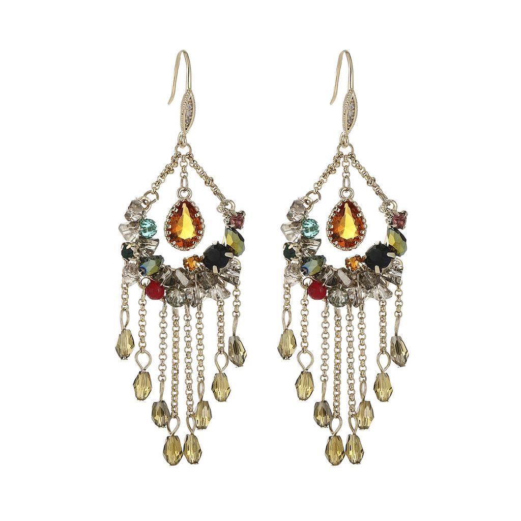 Light luxury heavy industry long crystal fringed earrings ethnic style exaggerated ear hook niche design versatile temperament earrings women