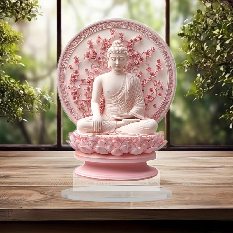 2D Acrylic Buddhist Statue with Base Flat Buddhas Figurine Sculpture Table Ornament Meditating Spiritual Decoration