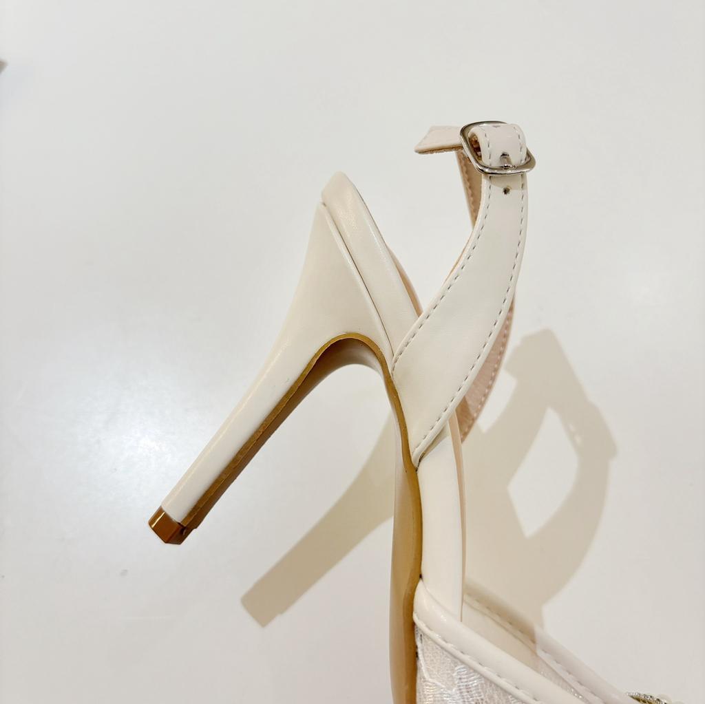 Fashion New Spring 2025 White High-Heeled Women'S Pearl Bow Lace Pointed Toe Sexy And Versatile Sandals