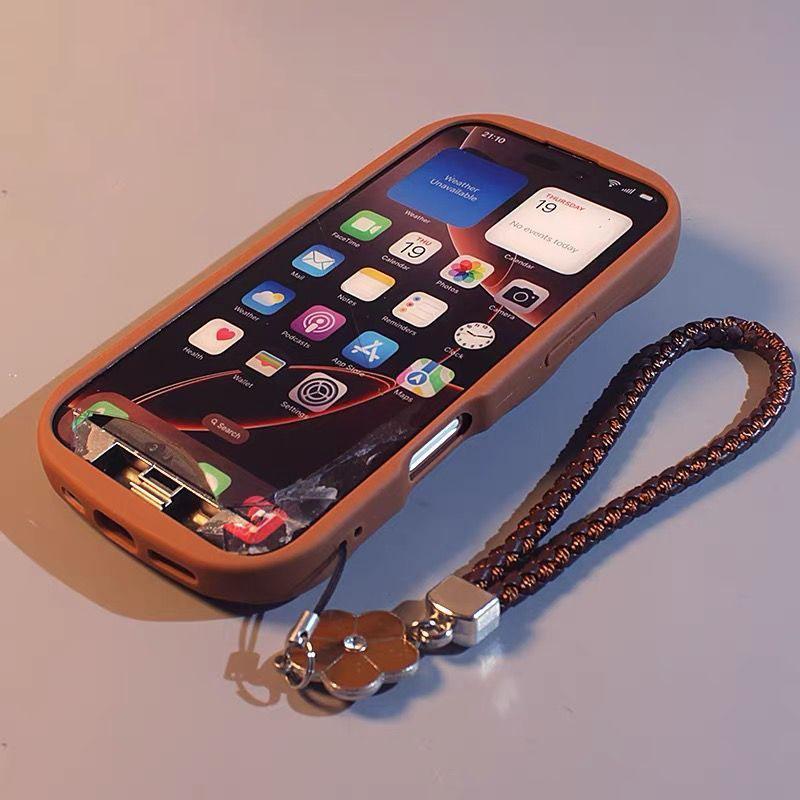 Suitable for Iphone 3D Cute Coffee Brown Wavy Edge Phone Case with Lanyard Soft Silicone Cover Perfect Gift for Girls Firends