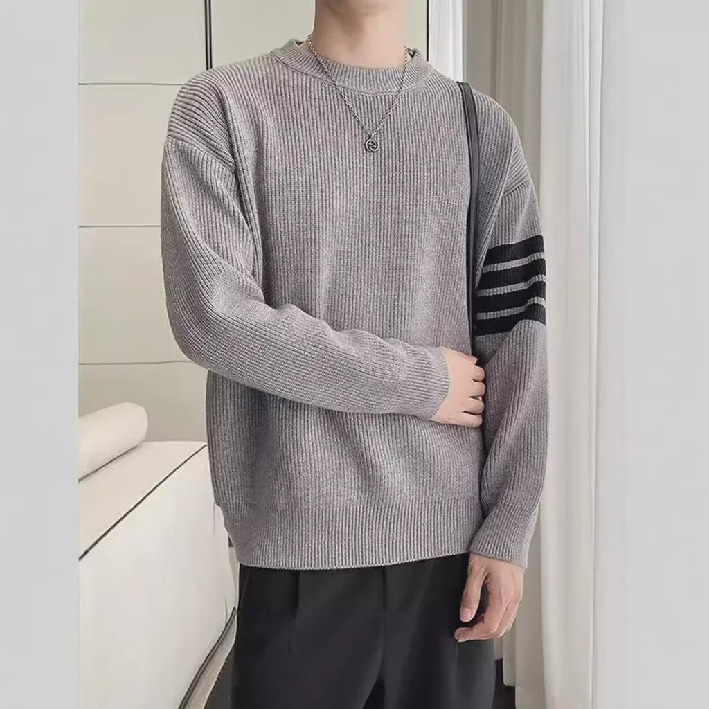Men's Autumn/Winter Striped Round Neck Wool Sweater - Trendy Casual Long-Sleeved Knit Shirt, Korean Style