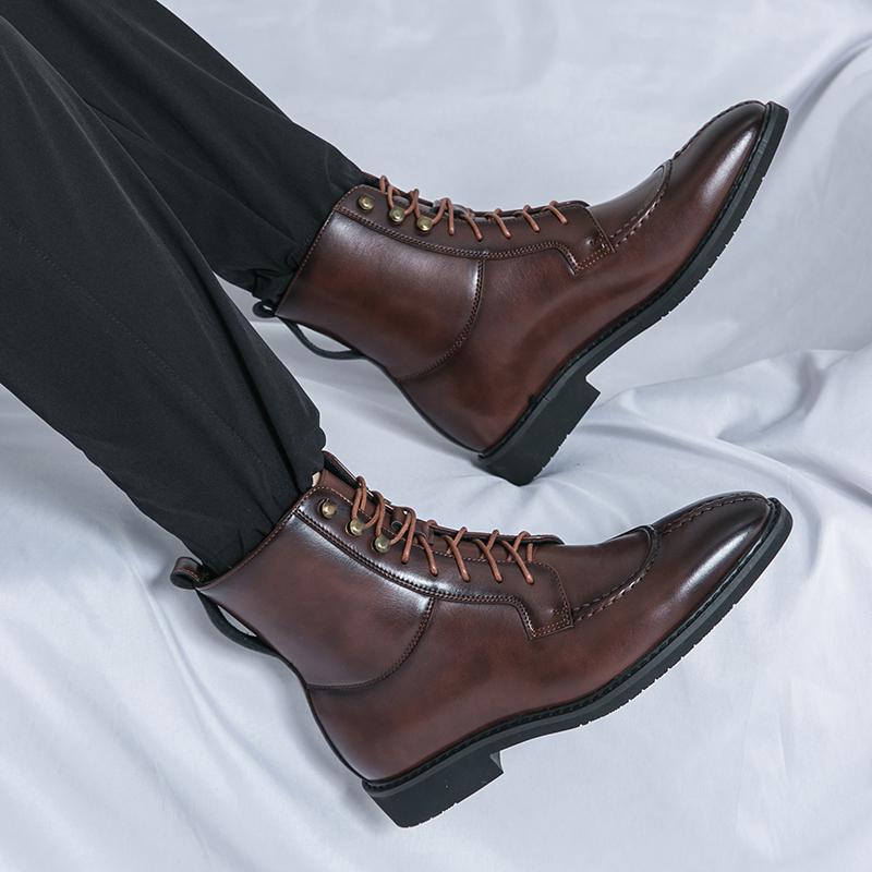 Winter New Luxury Motorcycle Boots Point-Toe Leather Boots Men Business Chelsea Boots Men Style Ankle Boots Riding Boots Lace-up