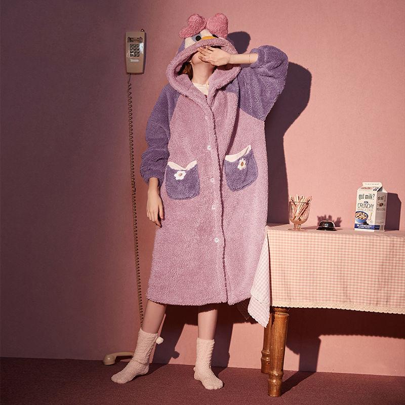 Женский пижамный комплект из кораллового флиса с капюшоном - милая мультяшная ночная рубашка для осени/зимы