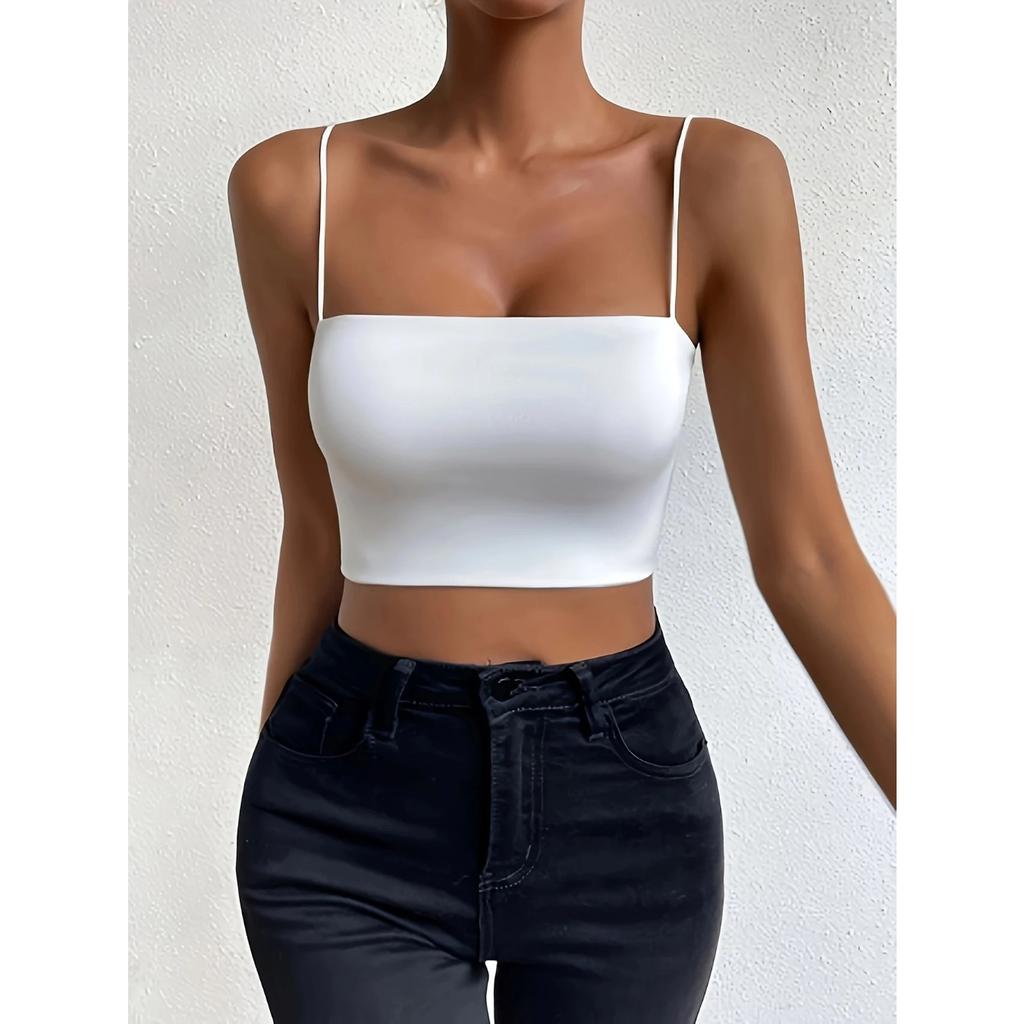 Chic Solid Spaghetti Strap Cami Crop Top - Flattering Sleeveless & Backless Design - Lightweight, Fashion-Forward Womens Clothin