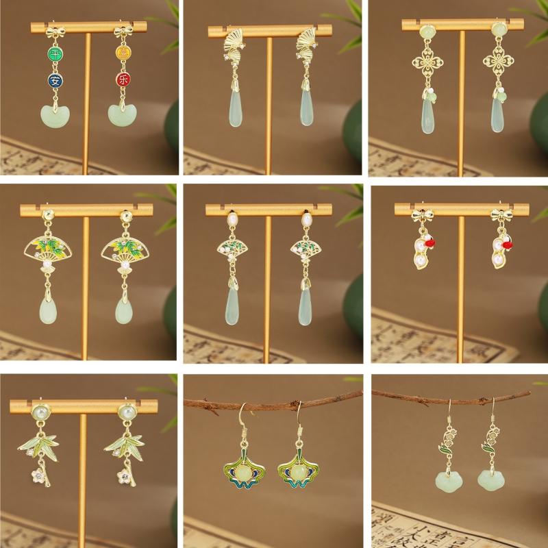 Этнические китайские серьги 'Серебряная игла' для женщин, зеленые веерообразные бамбуковые листья, длинная кисточка, украшения в древнем стиле, клипсы для ушей, подарки