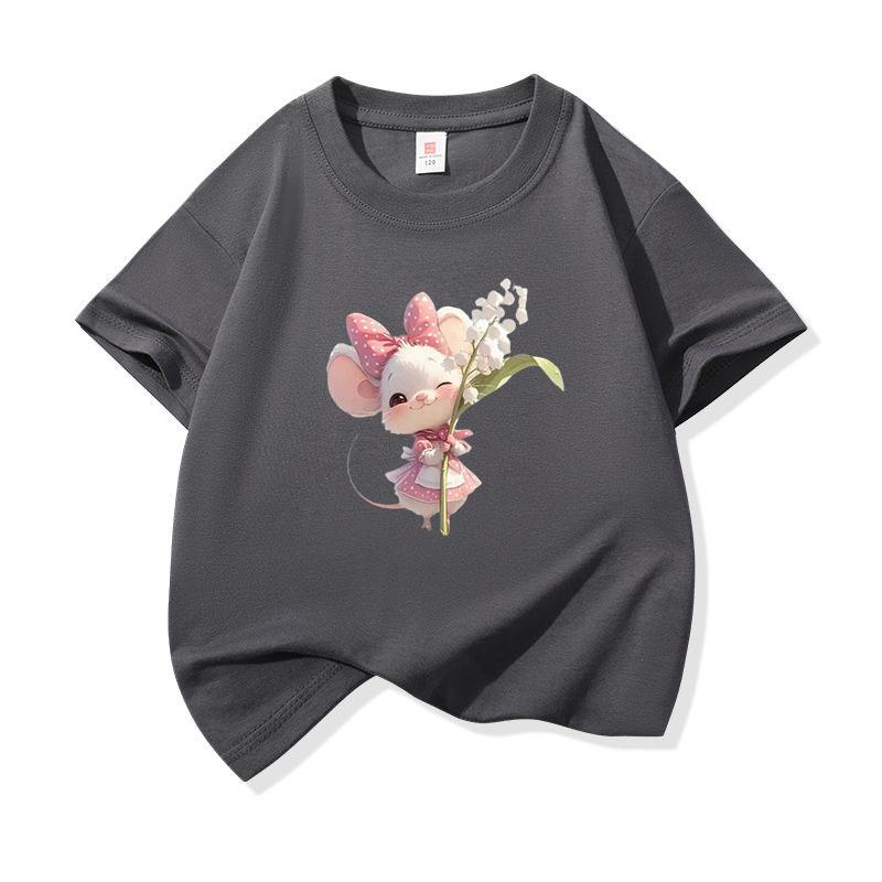 Kids Cotton T Shirt Sweet Mouse With Lily Flower Print Crew Neck Short Sleeve Tee Casual Boys Girls Summer Tops