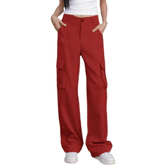 Женские брюки карго с высокой посадкой, на пуговице и молнии, повседневные, однотонные, свободного кроя, с многокарманным дизайном, длинные