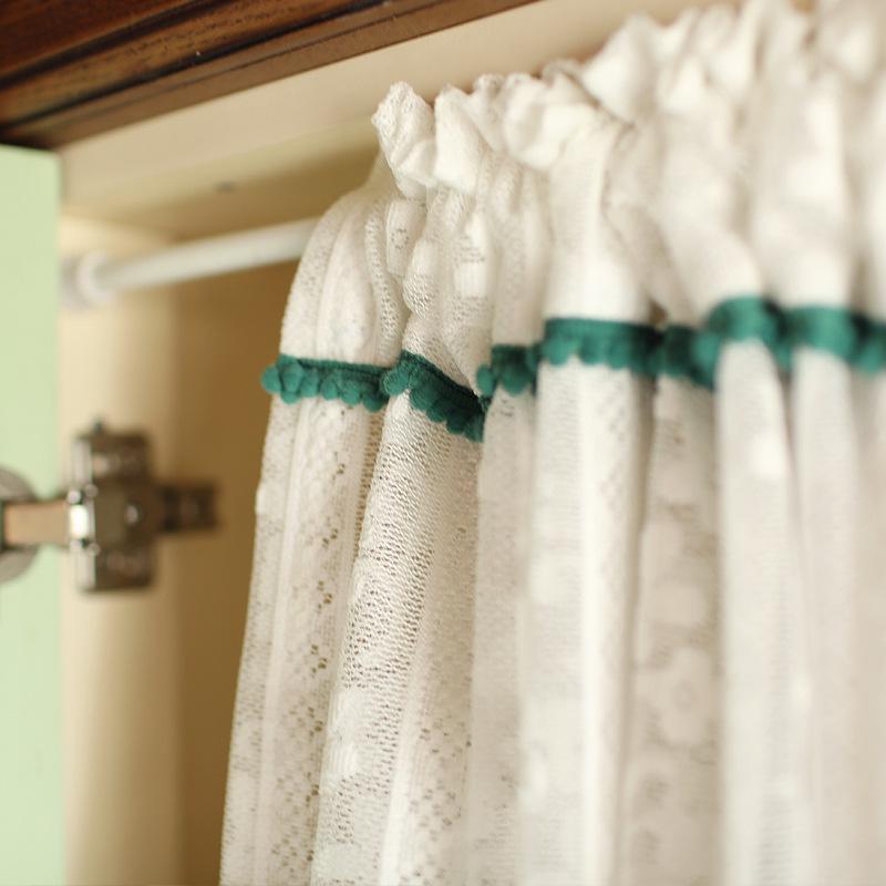 1pc White Lace Floral Half Curtain Short Sheer Valance with Green Pom Pom Trim for Kitchen Cabinet Window