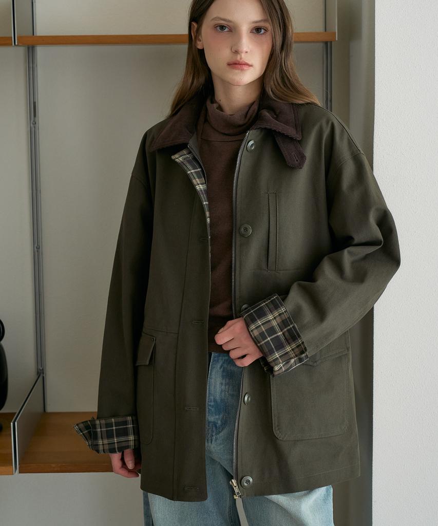 DEHEVE Check Sleeve Work Jacket [Khaki]