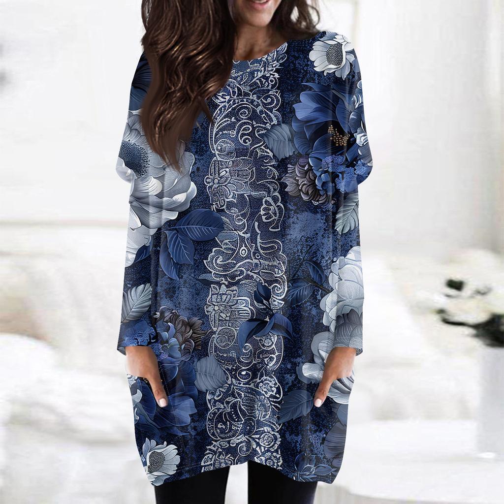 Women's Fashion Casual Long Sleeve Print Round Neck Double Pocket T-Shirt Top